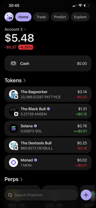 A screenshot of a cryptocurrency wallet app (Phantom) shows an account balance of $5.48 and a list of tokens including 'The Bagworker', 'The Black Bull', 'Solana', 'The Dextools Bull', and 'Monad'.