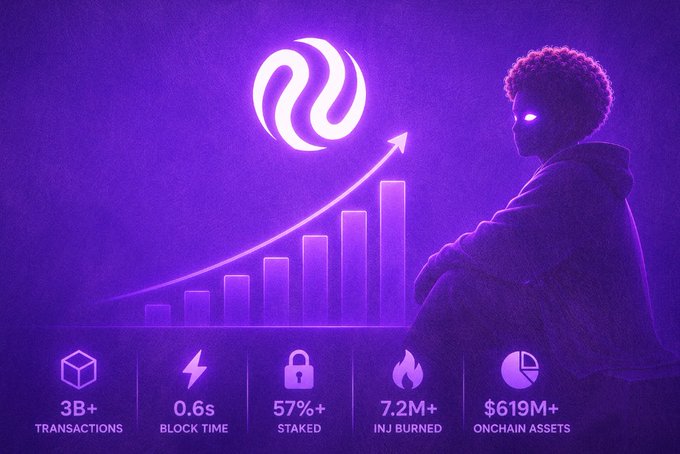 A purple-themed promotional image showing a silhouetted figure next to a rising bar chart with the Injective logo, displaying statistics: '3B+ TRANSACTIONS,' '0.6s BLOCK TIME,' '57%+ STAKED,' '7.2M+ INJ BURNED,' and '$619M+ ONCHAIN ASSETS.'