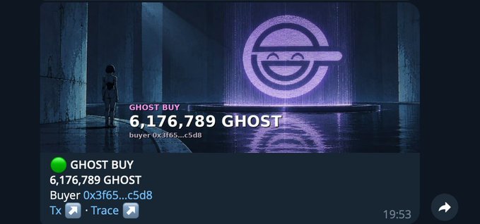 A cryptocurrency transaction notification displaying 'GHOST BUY', '6,176,789 GHOST', 'Buyer 0x3f65...c5d8', with a purple neon circular logo in the background.