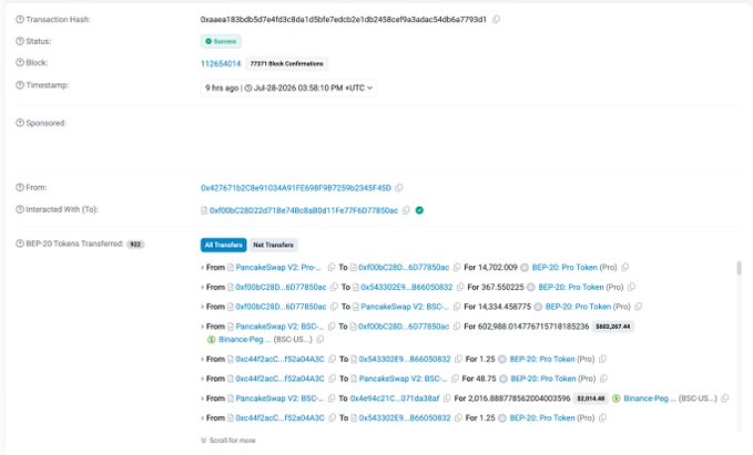 A blockchain transaction screenshot showing a Transaction Hash, 'Success' status, Block 112654014 with 77,171 Block Confirmations, timestamped July 28, 2026, displaying multiple BEP-20 token transfers involving PancakeSwap and Binance-Peg tokens with various wallet addresses.
