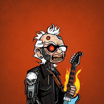 A cartoon cyborg character with white hair, red glowing eyes, a skull shoulder pad, and a flaming electric guitar against an orange background.