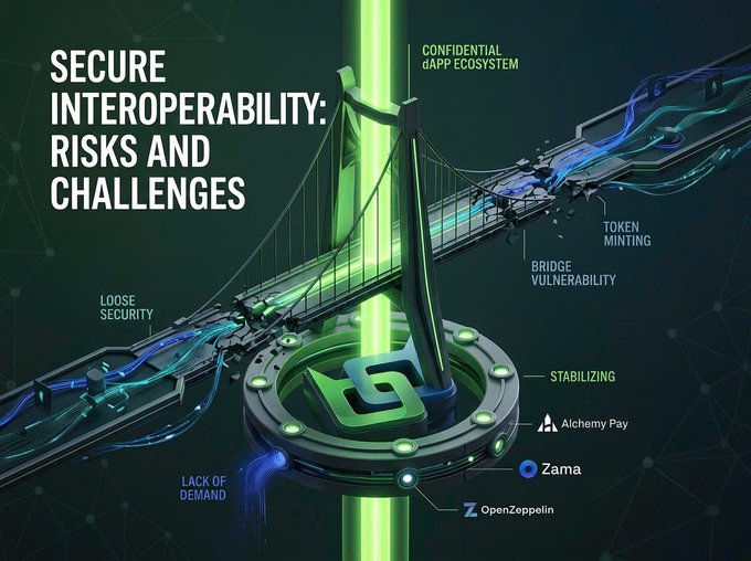 An infographic titled 'SECURE INTEROPERABILITY: RISKS AND CHALLENGES' depicting a futuristic bridge structure with various labels including 'CONFIDENTIAL 6APP ECOSYSTEM', 'BRIDGE VULNERABILITY', 'TOKEN MINTING', 'LOOSE SECURITY', 'LACK OF DEMAND', and 'STABILIZING', along with logos for Alchemy Pay, Zama, and OpenZeppelin.