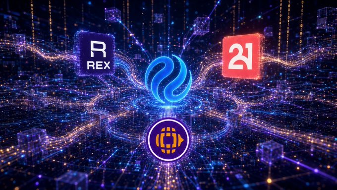 A digital tech-themed graphic showing the Injective logo in the center surrounded by flowing particles, with 'REX' and '21' logos in upper corners and a circular icon below, all set against a dark blue circuit-like background.