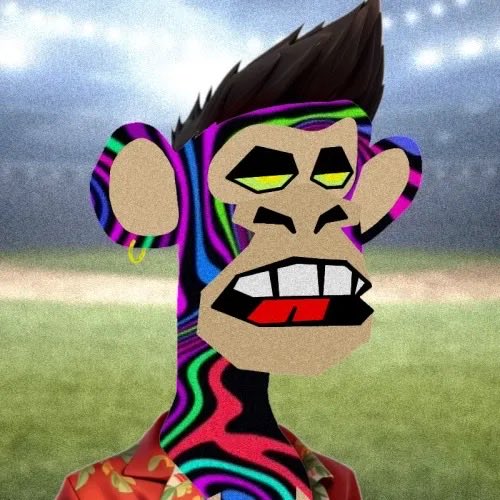 A stylized digital artwork of a monkey-like character with psychedelic colorful patterns on its face and neck, wearing a Hawaiian shirt, set against a stadium background.