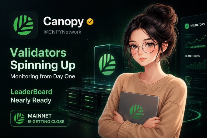 A promotional graphic for "Canopy" (@CNPYNetwork) featuring an anime-style woman holding a laptop with the Canopy logo, alongside text announcing "Validators Spinning Up," "LeaderBoard Nearly Ready," and "MAINNET IS GETTING CLOSE."