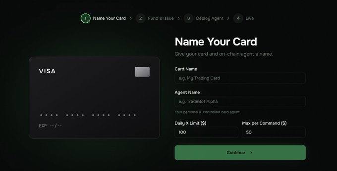 A screenshot of the "Name Your Card" setup interface for HoodCard, showing step 1 of 4 in a card creation flow with fields for Card Name, Agent Name, Daily X Limit set at $100, and Max per Command set at $50, alongside a dark-themed Visa card preview. The interface supports the post's claim about a no-KYC virtual Visa card created in seconds with customizable AI-controlled spending limits.