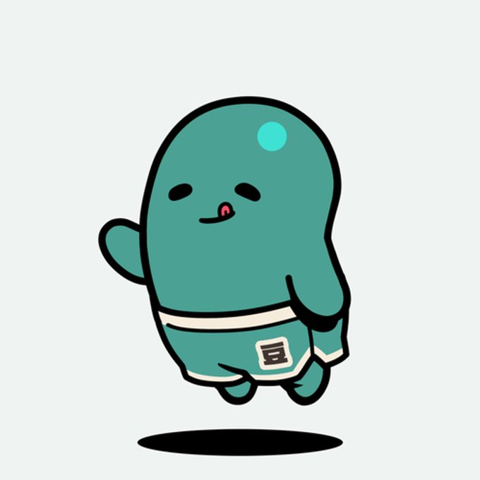 A cartoon illustration features a small, round, teal-colored character wearing white shorts with a symbol on them, floating above a black shadow.