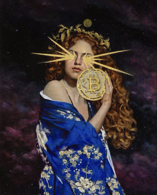 A classical-style painting of a woman in a blue floral dress with a golden laurel wreath, modified to have golden light beams emitting from her eyes and holding a golden Bitcoin coin against a starry purple background.