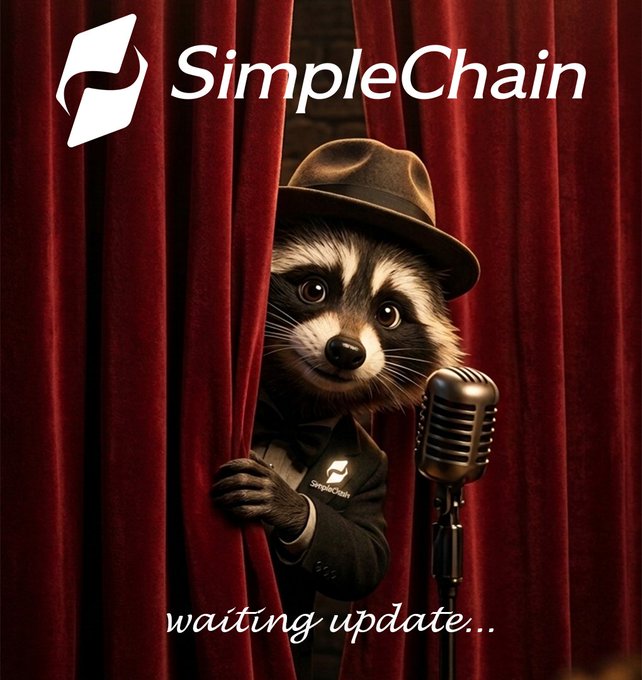 A raccoon character wearing a hat and suit peeks out from behind a red curtain next to a vintage microphone, branded with "SimpleChain" and the text "waiting update..."