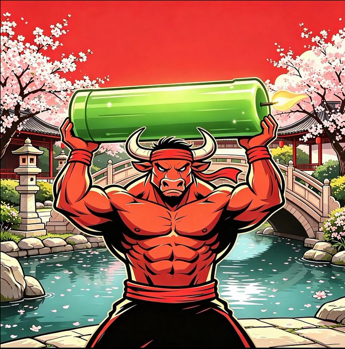 A muscular red bull-man with horns and a headband hoists a giant green rocket on his shoulders in a traditional Japanese garden setting with cherry blossoms and a red sky, visually symbolizing the bullish "green rocket" crypto launch referenced in the post about $0x.