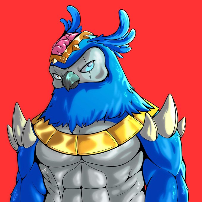 A fierce anthropomorphic blue cock/bird warrior with an exposed brain and gold crown stands against a bold red background, visually parodying the CockCoin ($COCK) meme token via its muscular, battle-ready crypto mascot aesthetic.