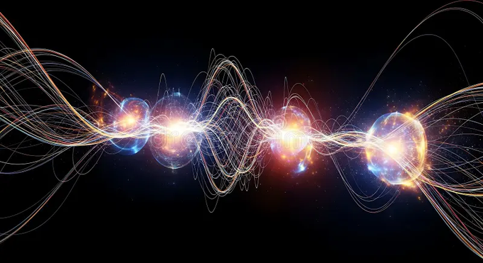 Glowing orbs of light connected by flowing energy lines against a dark background, evoking quantum particles and cryptographic connectivity—visually reinforcing the post's message about verifiable quantum-generated random numbers via public blockchain transcripts.