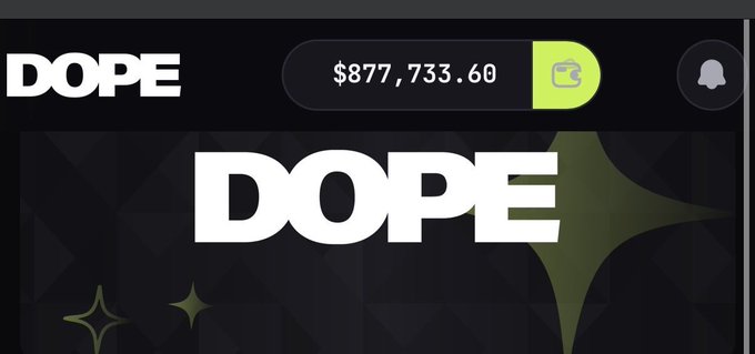 The image displays a promotional banner for "DOPE" featuring a balance of $877,733.60 prominently shown, with a wallet icon and notification bell, reinforcing the giveaway context. The bold "DOPE" branding ties directly to the @dopexyz mention in the post, signaling a $1,000 crypto giveaway promotion to drive engagement and follower growth.