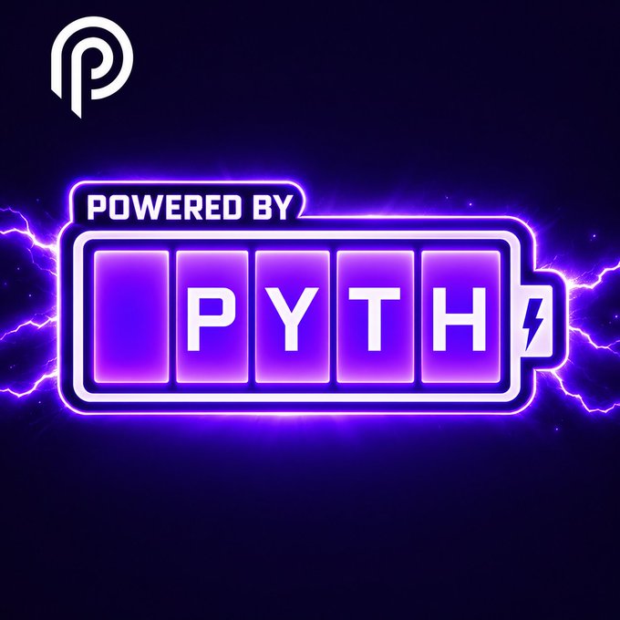 A digital graphic showing a glowing purple battery icon containing the text "POWERED BY PYTH", with the Pyth Network logo in the top left corner and a lightning bolt on the battery.