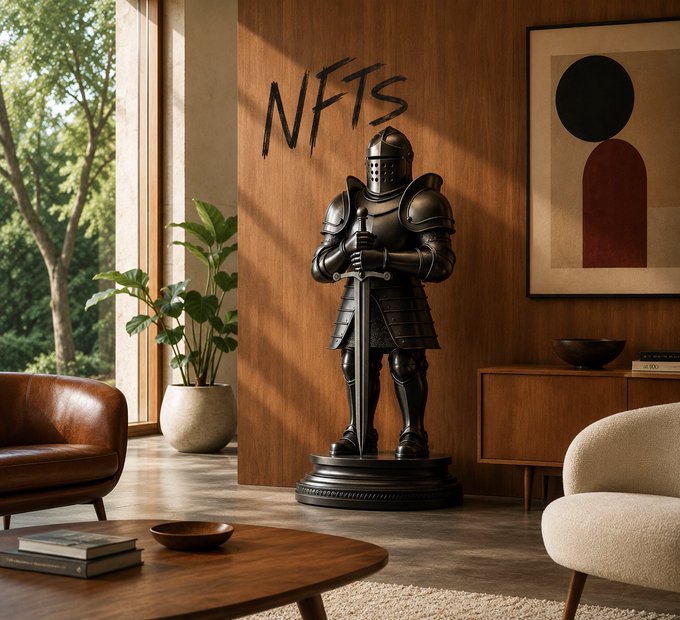 A medieval knight armor statue stands on a pedestal in a stylish living room, with "NFTS" painted on the wooden wall behind it, directly tying to the post's announcement about minting an NFT and spinning the $STKR wheel for a Soldier collectible.