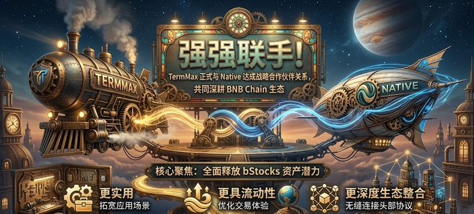 A promotional banner featuring a steampunk-style train labeled 'TERMMAX' and a futuristic rocket labeled 'NATIVE' with Chinese text '强强联手!' announcing a strategic partnership to deepen BNB Chain ecosystem integration.