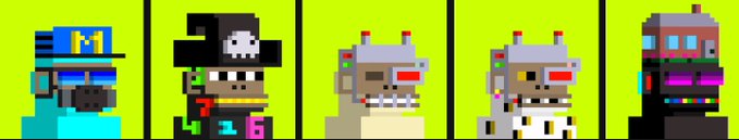 Five pixel art character portraits are displayed in a row against a yellow-green background, featuring various stylized figures including one with a pirate hat and others with tech-style headsets.