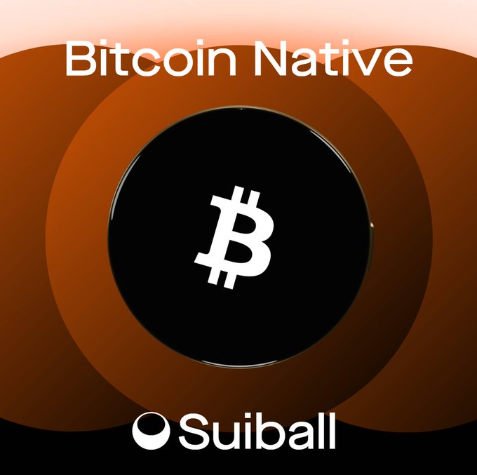 A graphic showing the Bitcoin logo on a black sphere against an orange background, with text reading 'Bitcoin Native' at the top and the 'Suiball' logo at the bottom.