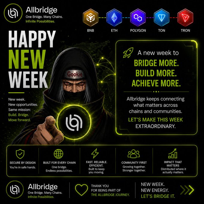 This is a promotional "Happy New Week" graphic for Allbridge, featuring an anime-style ninja character (resembling Itachi from Naruto) holding the Allbridge logo, with the tagline "One Bridge. Many Chains. Infinite Possibilities." The image highlights Allbridge's multi-chain support (BNB, ETH, Polygon, TON, TRON) and emphasizes security features like "Secure by Design" and being "Community First."

However, the image and the accompanying post don't directly connect—the post discusses Allbridge's security approach (combining audits with an active bug bounty for ongoing protection), while the image is a generic motivational weekly post. A more fitting caption would relate to the post's security theme: **"Allbridge: Secured by design—audited, bug-bountied, and built to keep you moving safely across chains."**