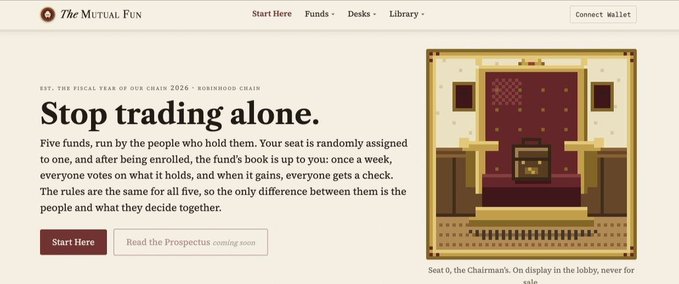 A website for "The Mutual Fun" with the headline "Stop trading alone." describing five funds managed by token holders, accompanied by a pixel-art illustration of a chairman's seat.