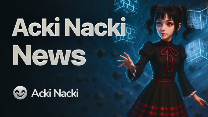 Promotional banner for "Acki Nacki News" featuring a stylized 3D-rendered girl with pigtails in a black and red dress alongside floating blue cube graphics, with the Acki Nacki logo at the bottom. The banner visually introduces a weekly development update covering AVM SDK, goshai, DEXDO, Bridge, Node & SDK, Wallet, and Popit Music.