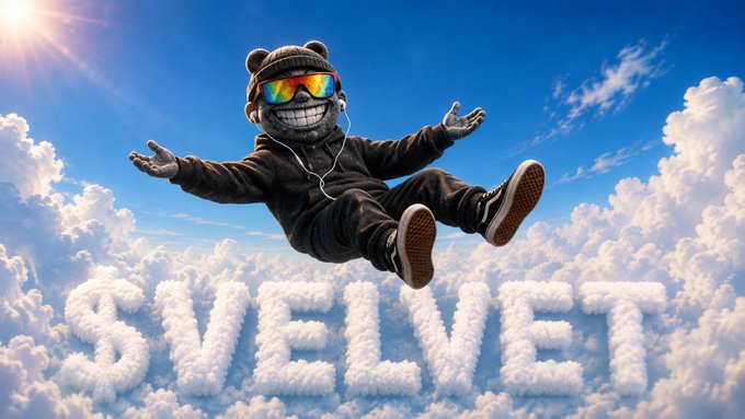 A 3D-rendered character in a black outfit, sunglasses, and a beanie falls through clouds above the word 'SVELVET' spelled out in cloud letters.