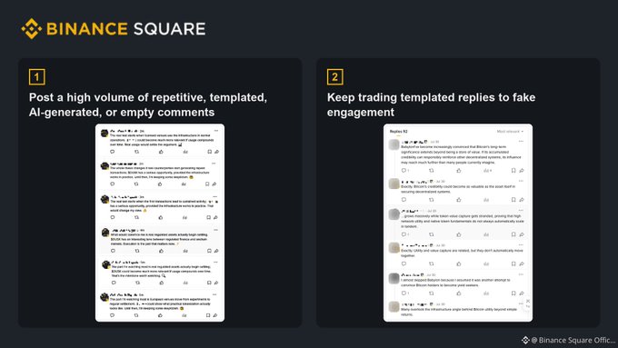Binance Square infographic showing two rules against engagement farming: posting repetitive/AI-generated comments and using templated replies for fake engagement.