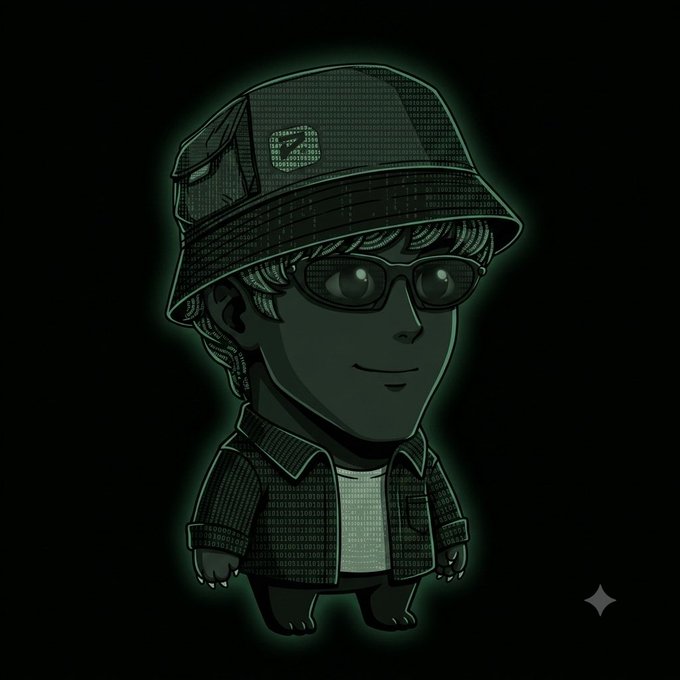 A stylized cartoon character with a green glow wearing a bucket hat with a logo and sunglasses, appearing as a digital avatar or NFT artwork.