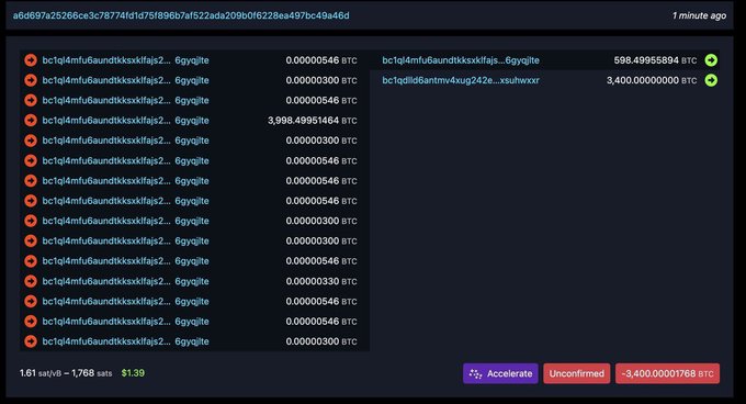 A cryptocurrency transaction page showing multiple small BTC deposits from the address bc1ql4mfu6aundtlkxxxkflqljs...6gyqjlte totaling 1.61 sat/vB - 1768 sats ($1.39), with a pending acceleration fee of 3,400.00001768 BTC.
