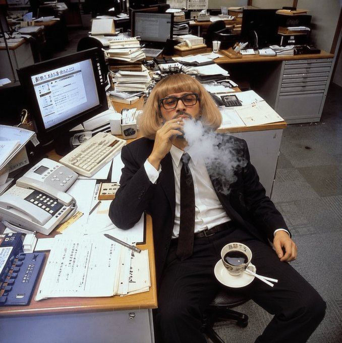 A person in a suit with a bob haircut and glasses sits at a cluttered office desk, smoking a cigarette with smoke billowing from their mouth, surrounded by stacks of paperwork and a vintage computer monitor.