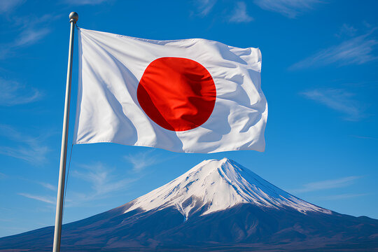 The Japanese flag waves prominently in the foreground with Mount Fuji visible in the background under a blue sky. The image ties to the post by symbolizing Japan's role as a real-world setting where stablecoin-based payroll adoption is taking root among everyday workers, far from the speculative trading often associated with crypto.
