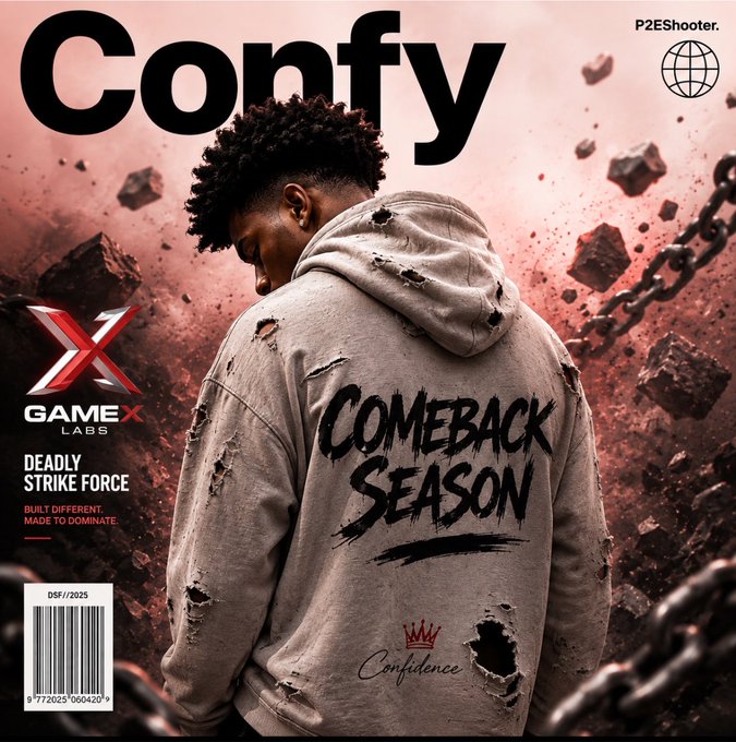 A magazine cover for "Confy" featuring a person in a distressed grey hoodie with "COMEBACK SEASON" printed on the back, set against a reddish background with floating debris and chains. Text includes "P2EShooter", "GAMEX LABS", "DEADLY STRIKE FORCE", and "BUILT DIFFERENT. MADE TO DOMINATE."