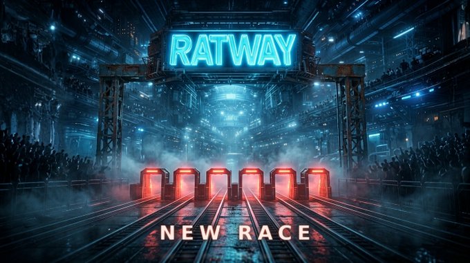 A neon-lit industrial raceway scene with the glowing blue sign 'RATWAY' above red-lit starting gates, set against a crowded stadium, with the text 'NEW RACE' at the bottom.