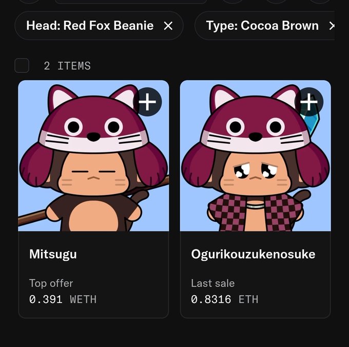 An NFT marketplace interface displays two cartoon fox characters named Mitsugu (top offer 0.391 WETH) and Ogurikouzakenosuke (last sale 0.8316 ETH), filtered by Head: Red Fox Beanie and Type: Cocoa Brown.