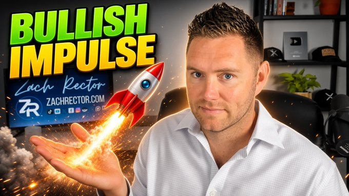A man in a white shirt is featured alongside text reading "BULLISH IMPULSE" and "Zach Rector" with the website "ZachRector.com," launching a rocket graphic from his outstretched hand. The image visually reinforces the post's message about XRP starting a new bullish impulse trend, symbolizing upward momentum in the market.