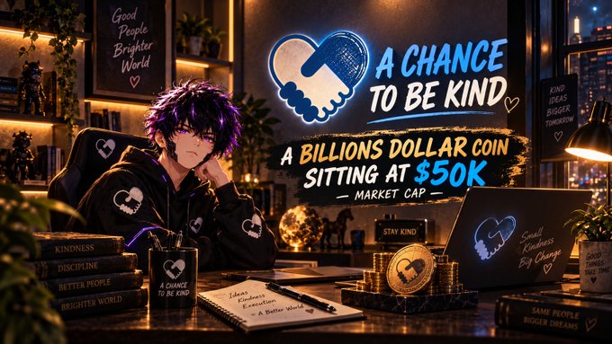 An anime-style character sits at a desk with a laptop, surrounded by motivational text including 'A CHANCE TO BE KIND' and 'A BILLIONS DOLLAR COIN SITTING AT $50K MARKET CAP'.