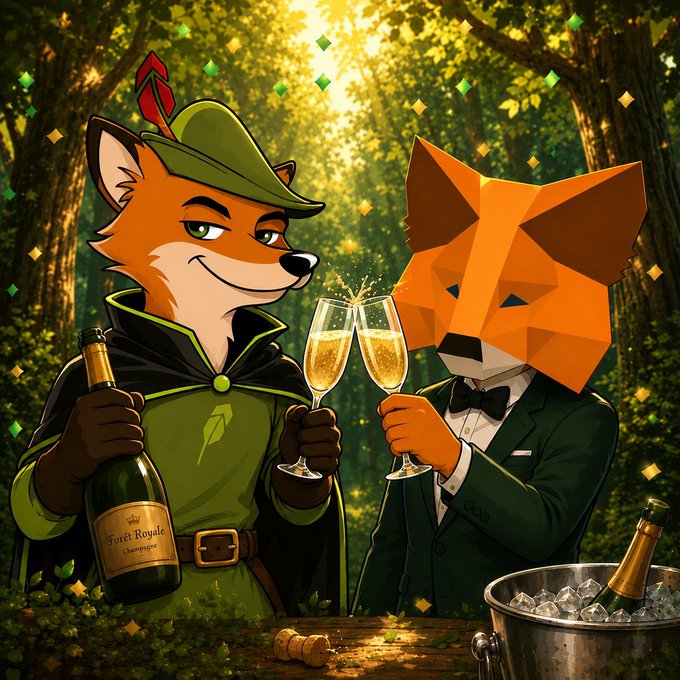 A cartoon fox dressed as Robin Hood toasts with champagne alongside an orange geometric fox in a tuxedo, with the bottle labeled "Forest Royale Champagne," celebrating a fellow "fox twin" on their new chain adoption.