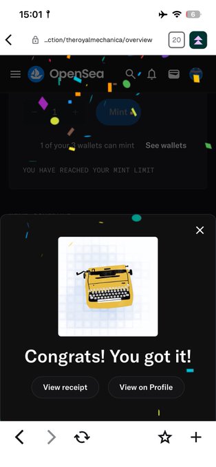 A mobile screenshot of the OpenSea NFT marketplace shows a 'Congrats! You got it!' message with an image of a yellow typewriter, alongside buttons to 'View receipt' and 'View on Profile'.