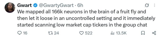 A tweet by @GwartyGwart reading: 'We mapped all 166k neurons in the brain of a fruit fly and then let it loose in an uncontrolled setting and it immediately started scanning low market cap tickers in the group chat.'