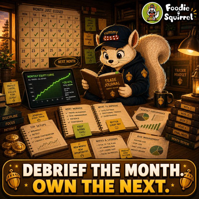 A 'Foodie Squirrel' themed illustration titled 'DEBRIEF THE MONTH. OWN THE NEXT.' shows an anthropomorphic squirrel in a black hoodie reading a 'TRADE JOURNAL,' surrounded by monthly review elements including a closed month calendar, equity curve chart, performance notes, and risk management tips.