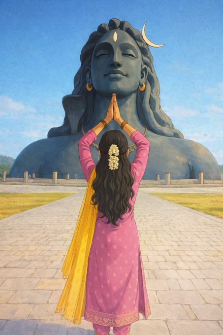 An illustration of a woman in a pink traditional outfit with a yellow sash standing with hands folded in prayer before a massive dark statue of Lord Shiva, with a crescent moon visible in the sky.