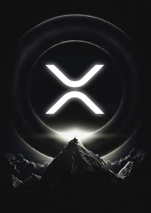 A dark, dramatic image features a glowing white XRP logo centered within a circular halo above a silhouetted mountain peak against a starry night sky.