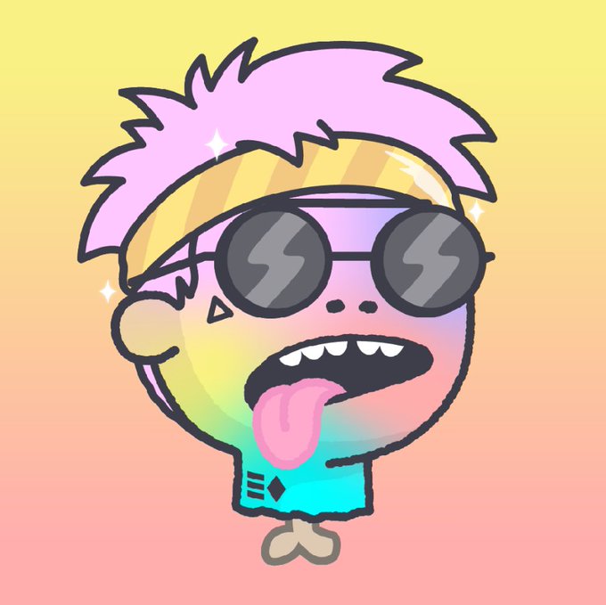 A cartoon-style CryptoPunk illustration featuring a character with spiky pink hair, round dark sunglasses, a rainbow-tinted face, tongue out, and a small bow tie, set against a pastel yellow-to-pink gradient background—embodying the post's message about each Punk's unique, detail-driven identity within the 10,000-strong collection.