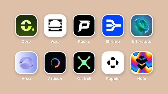 A grid of 10 app icons labeled 'Cero', 'Varo', 'Packs', 'Shrimp', 'Interstate', 'Arca', 'Artisan', 'Kestrel', 'Poppie', and 'Halo' against a beige background.