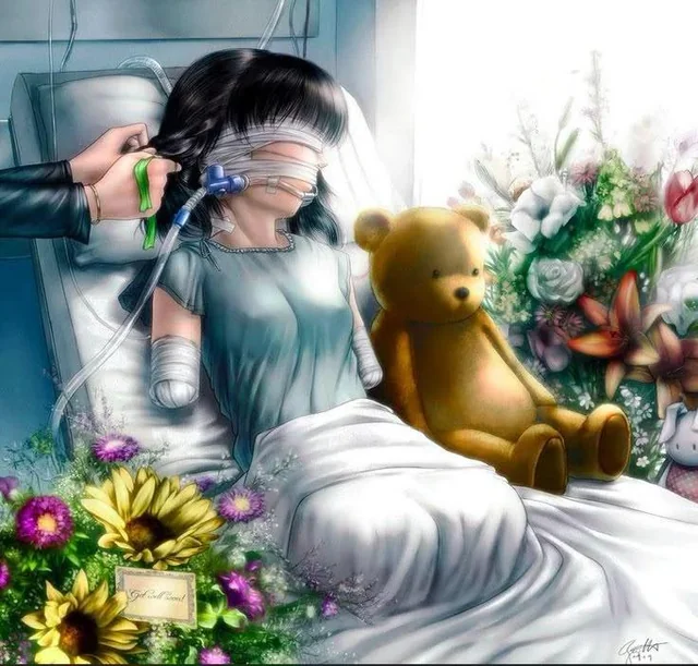 An illustration depicts a young girl lying in a hospital bed with bandages over her eyes and a breathing tube, accompanied by a teddy bear and surrounded by flowers including sunflowers, with a small card reading "Get well soon."