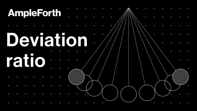 A black and white infographic for AmpleForth explaining 'Deviation ratio' with a pendulum-like diagram of connected circles.