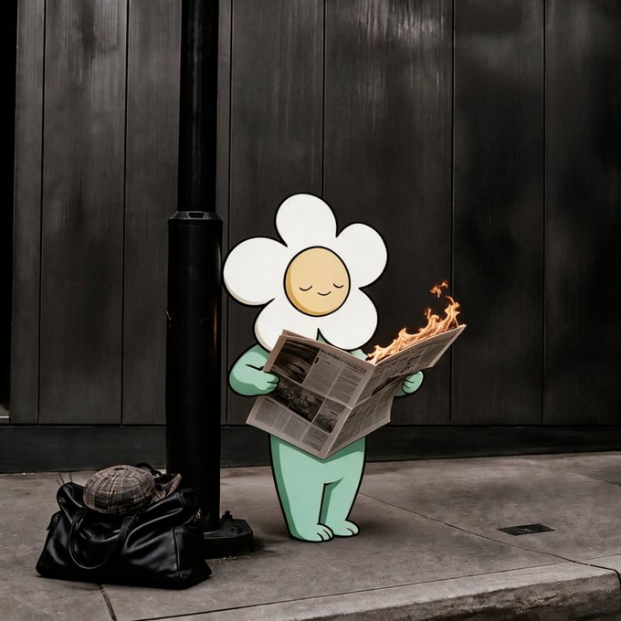 A cartoon-style flower-headed character with a mint green body stands on a sidewalk reading a newspaper that is on fire, with a bag and hat at its feet.