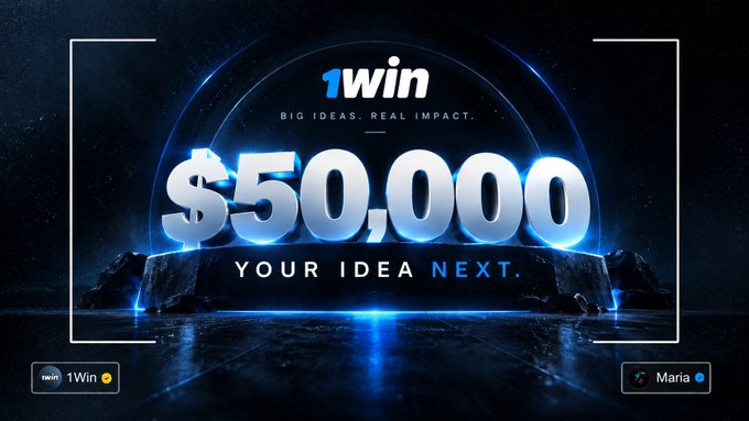 A 1win promotional banner displaying '$50,000' in large metallic text with the tagline 'BIG IDEAS. REAL IMPACT.' and 'YOUR IDEA NEXT.'