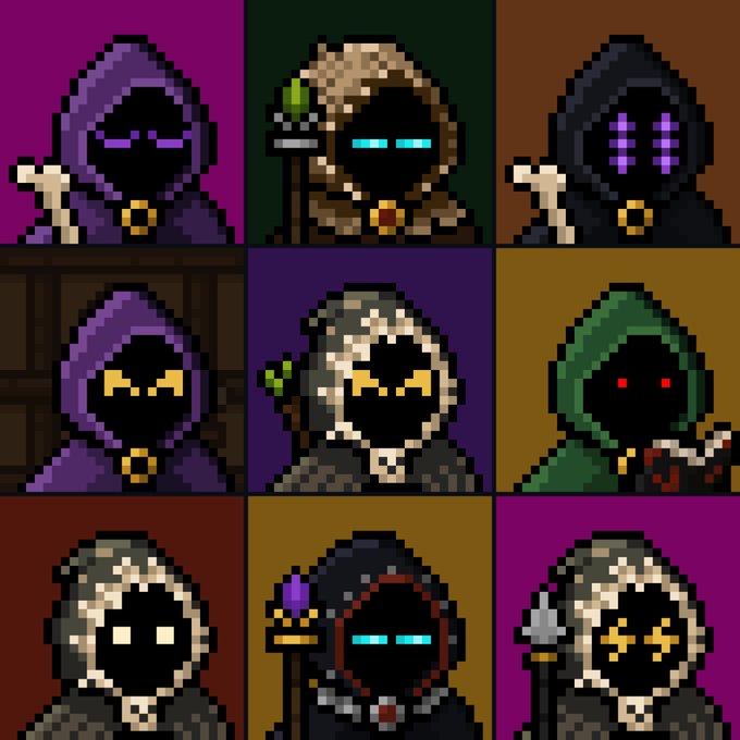 A pixel art image arranged in a 3x3 grid featuring nine hooded mage/sorcerer characters with glowing eyes, staff, and varied colored robes.