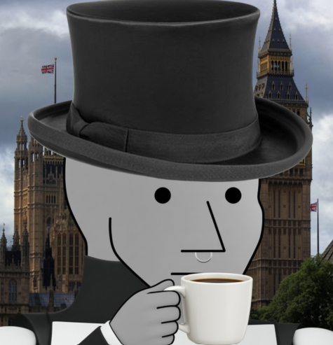 An illustration of a minimalist gray character wearing a black top hat and holding a cup of coffee, set against a background of Big Ben and the British flag.